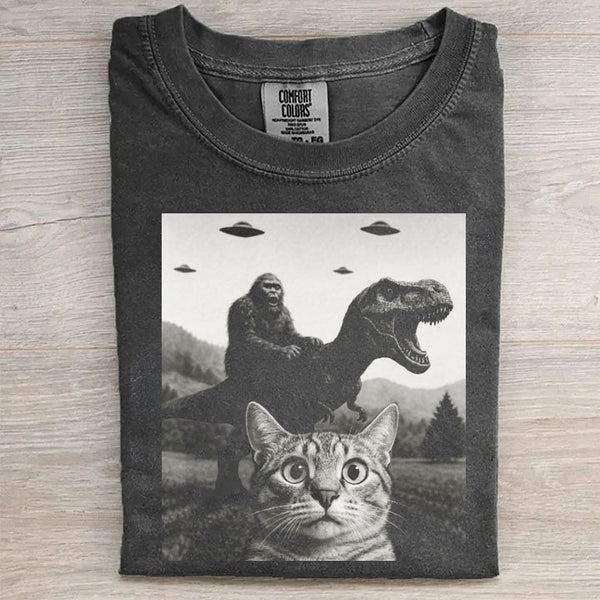 Cat Selfie With Bigfoot Riding T-Rex Ufo T-Shirt