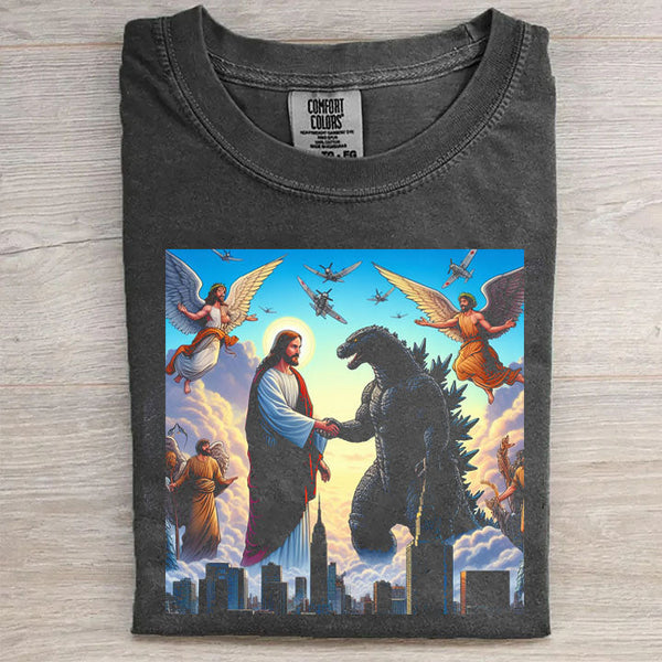 Jesus And Godzilla Graphic T-Shirt